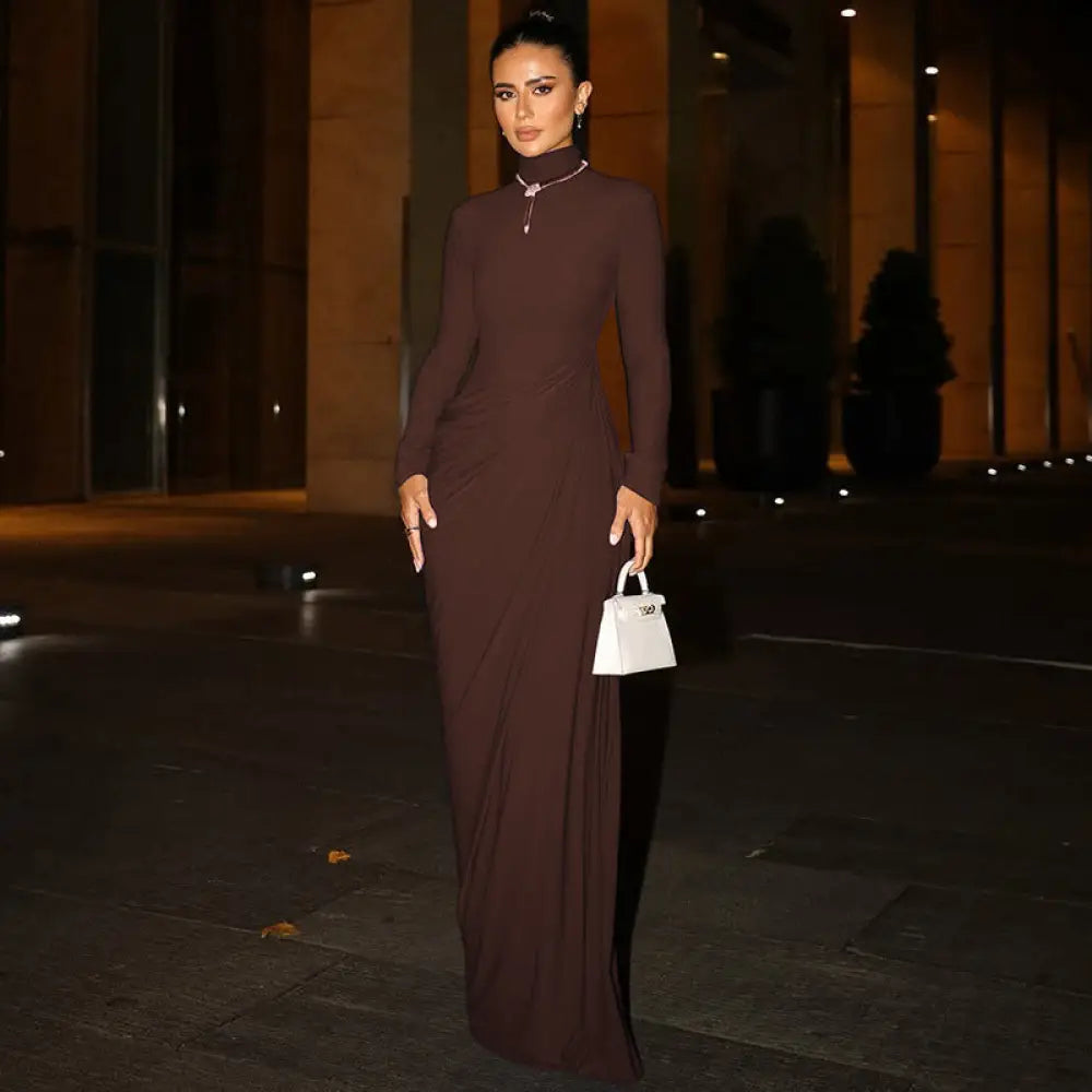 Backless Button-Front Long Sleeve Dress - Brown / L - Women¡¯s Dresses