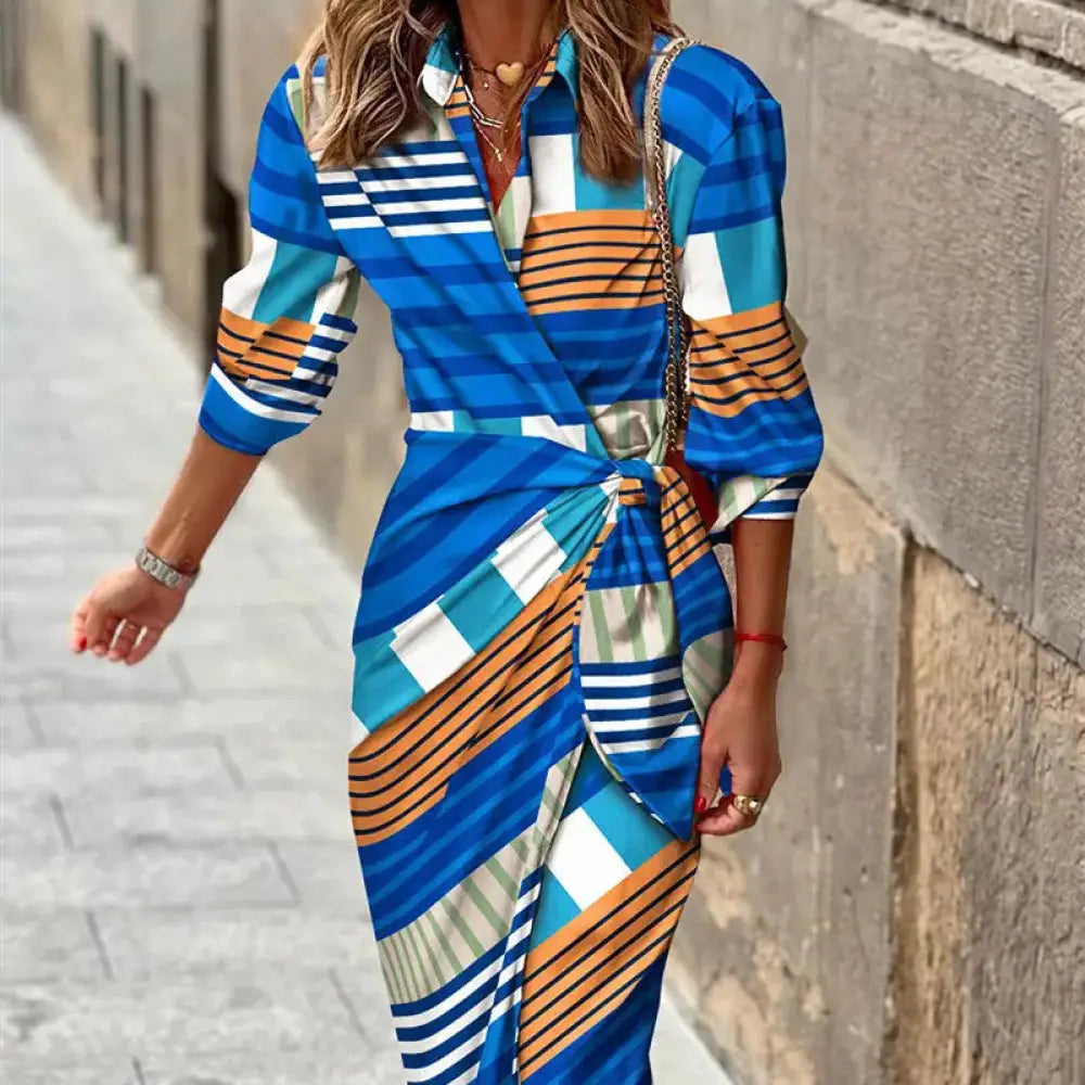 Belted Shirt Dress - Blue and brown stripes / 2XL - Women¡¯s Dresses Collection