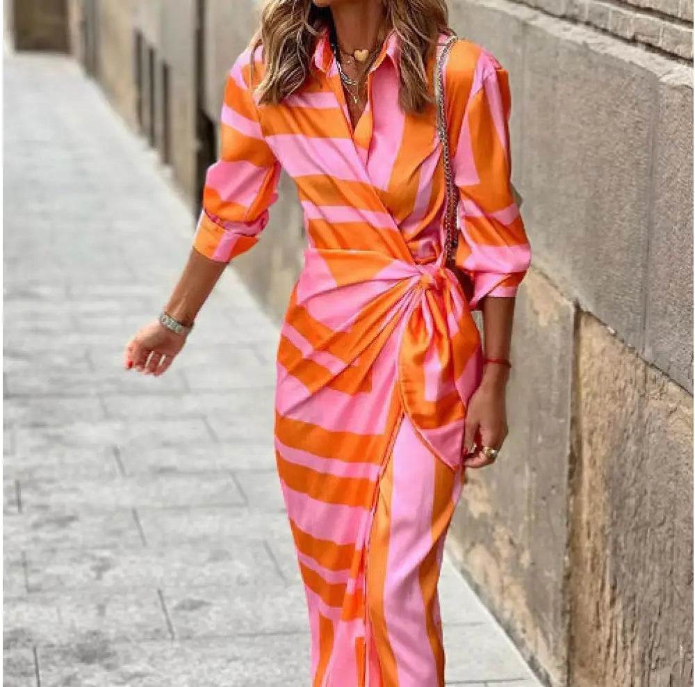 Belted Shirt Dress - Orange pink stripes / 2XL - Women¡¯s Dresses Collection