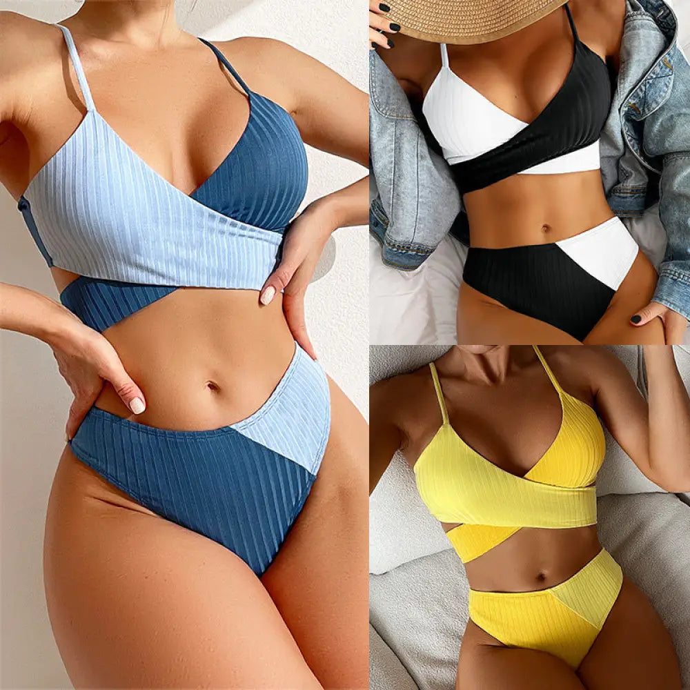 Bikini Patchwork Swimwear Ribbed Women’s Swimsuit Knot Back Beachwear Ruched Butt Biquinis Bathing Suits - Summer