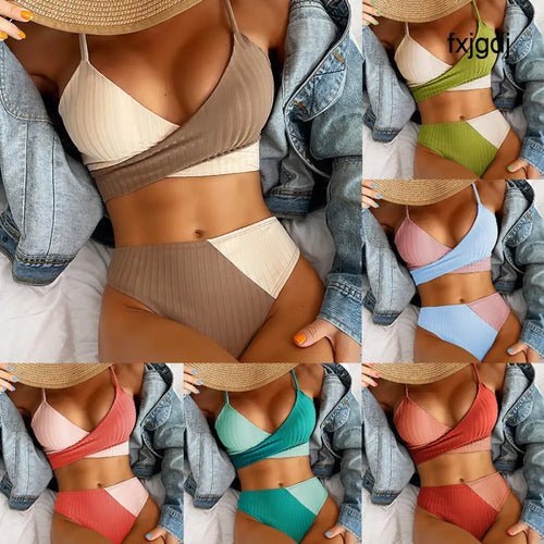 Bikini Patchwork Swimwear Ribbed Women’s Swimsuit Knot Back Beachwear Ruched Butt Biquinis Bathing Suits - Summer