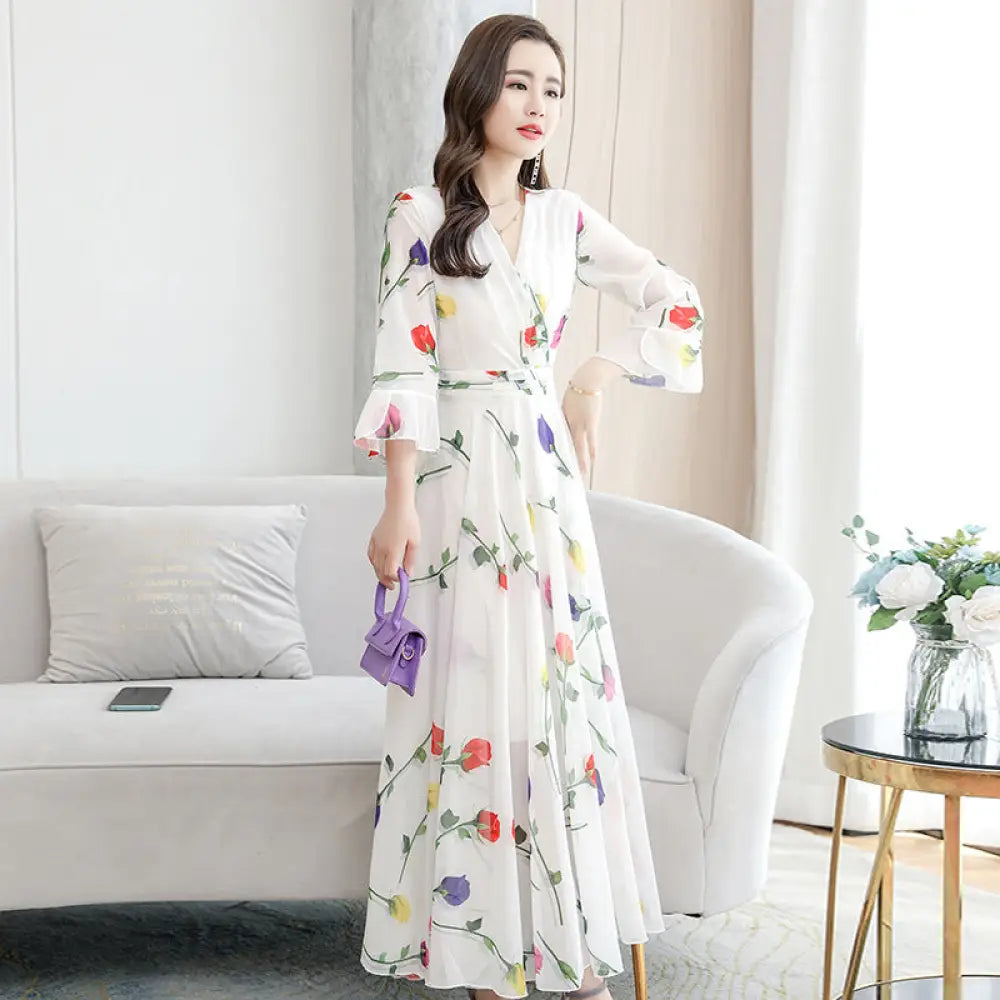 Chiffon V-Neck Maxi Party Dress - Rose Print / 2XL - Women¡¯s Dresses Collection