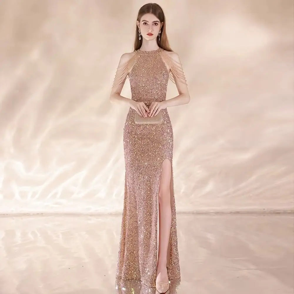 Elegant High-End Evening Dress - Apricot Slit / L - Women¡¯s Dresses