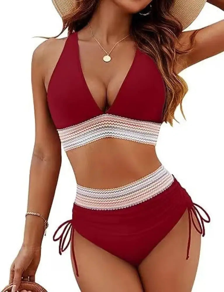 Fashion Women’s High Waist Bikini Split Suit - Wine Red / 2XL - Summer Clothing 2026