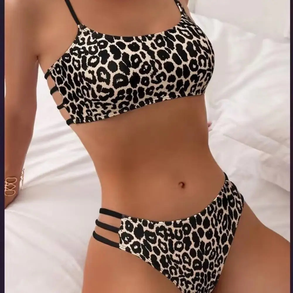 Leopard Print Contrast Color Push Up Tight Split Swimsuit - Summer Clothing 2026