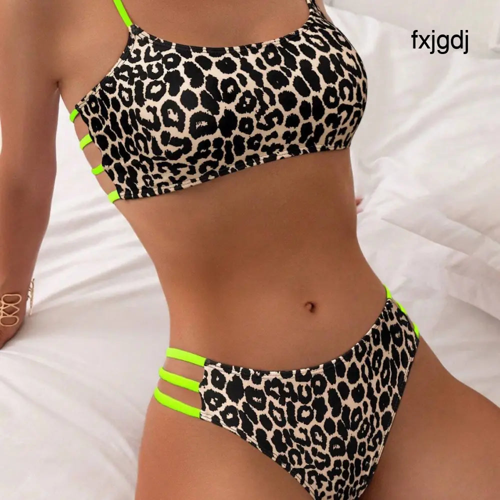 Leopard Print Contrast Color Push Up Tight Split Swimsuit - Summer Clothing 2026