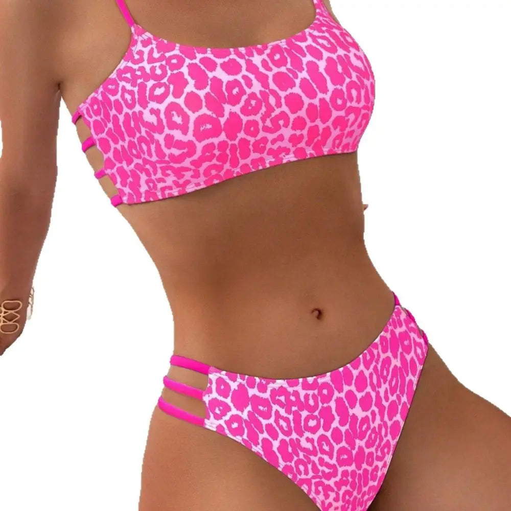 Leopard Print Contrast Color Push Up Tight Split Swimsuit - Summer Clothing 2026