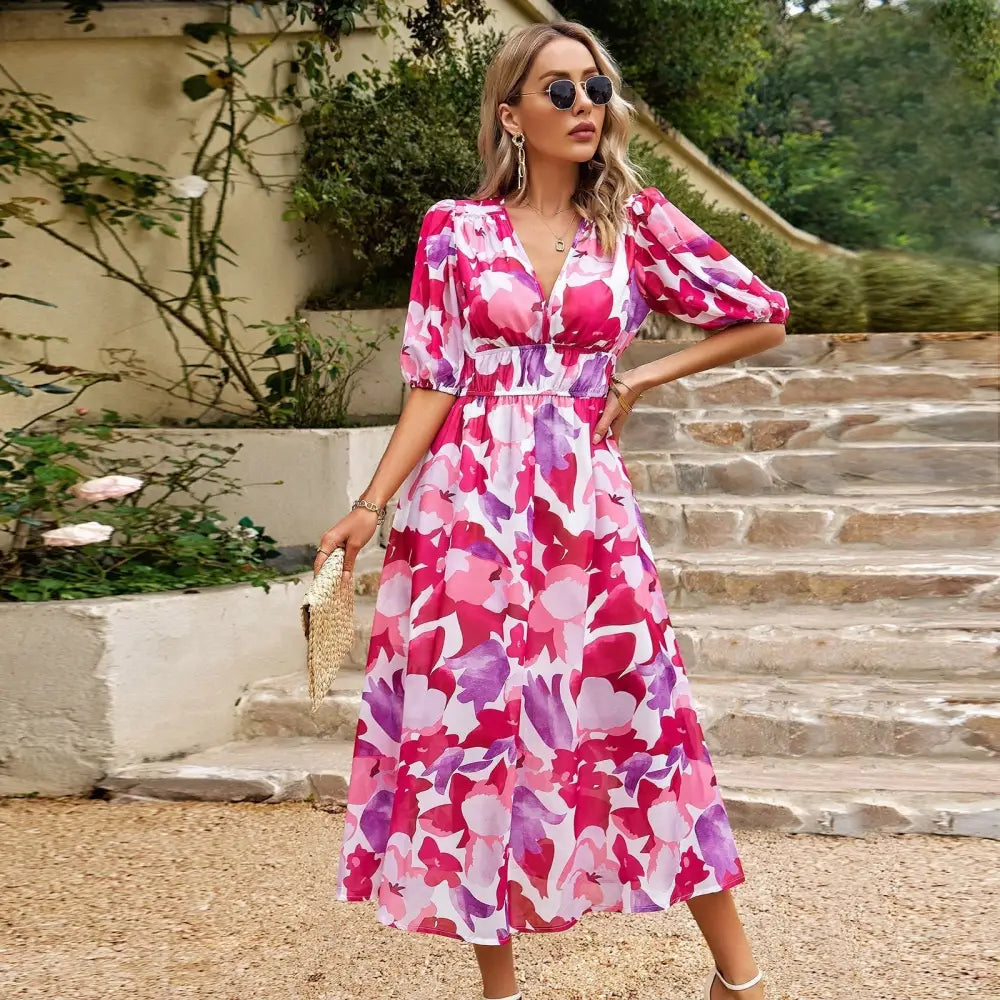 New V-neck Printed Short-sleeved Long Dress Summer Fashion Slim Seaside Vacation Beach Dresses For Women Clothing - Red