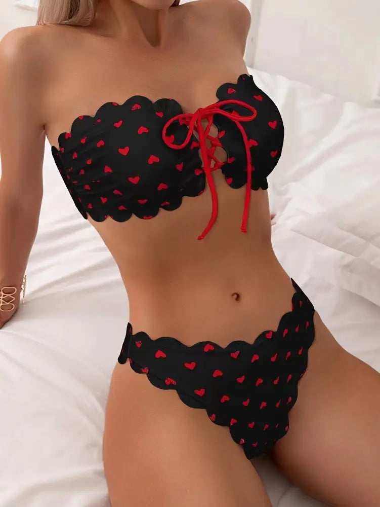 Printed Tube-top Bikini With Tie-up Drawstring - Black / L - Summer Clothing 2026