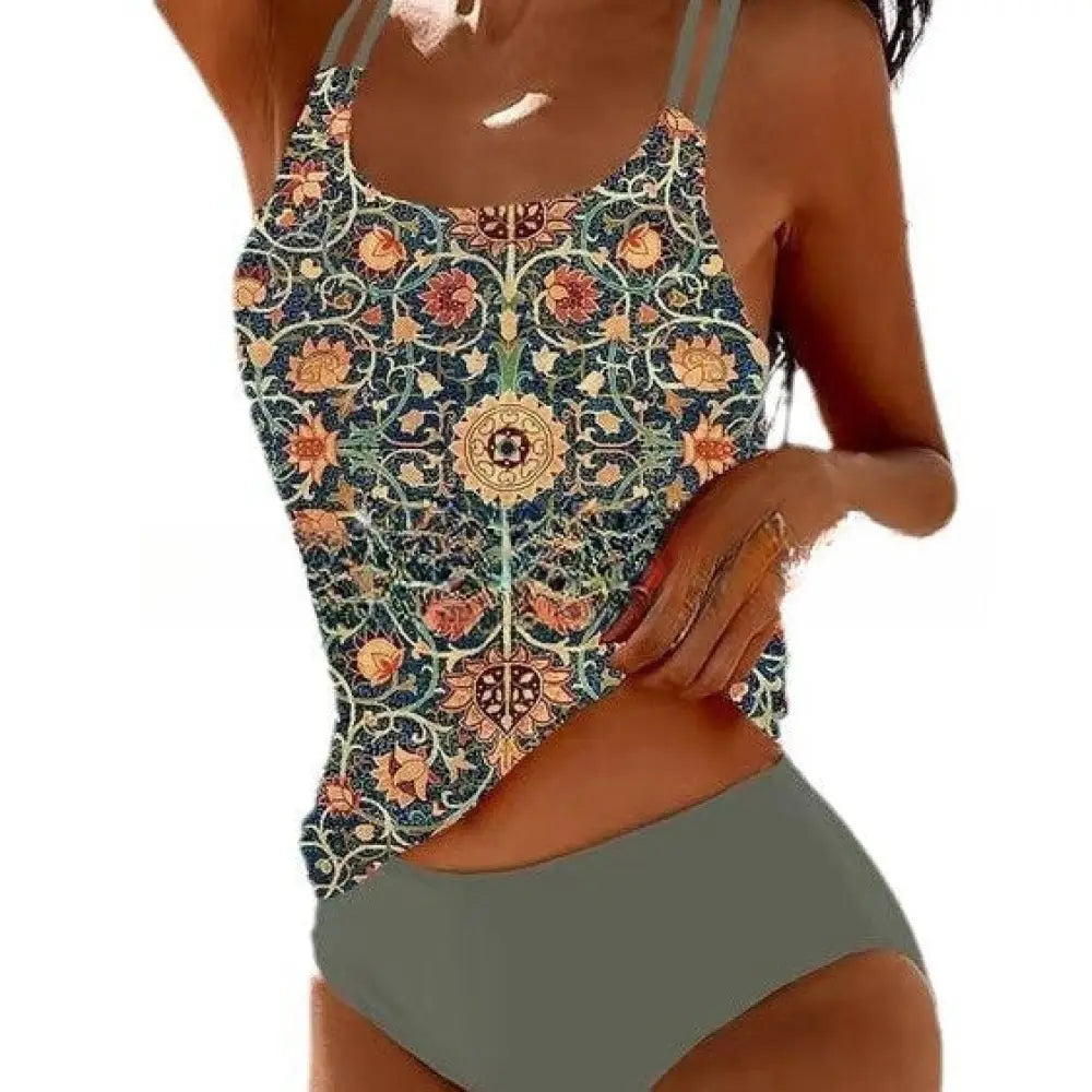 Retro Split High Waist Bikini Beach Print Strap Swimsuit - Green / 3XL - Summer Clothing 2026
