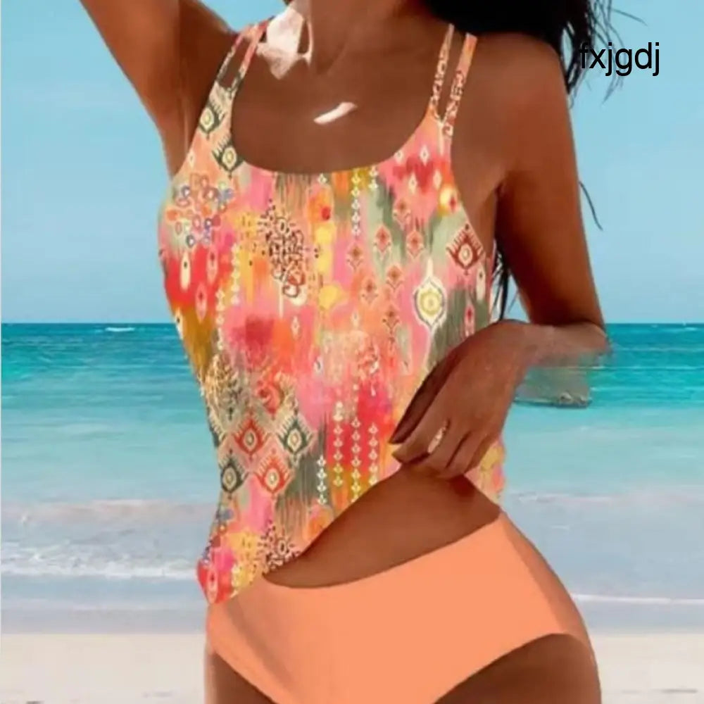 Retro Split High Waist Bikini Beach Print Strap Swimsuit - Picture color 2 / 3XL - Summer Clothing 2026