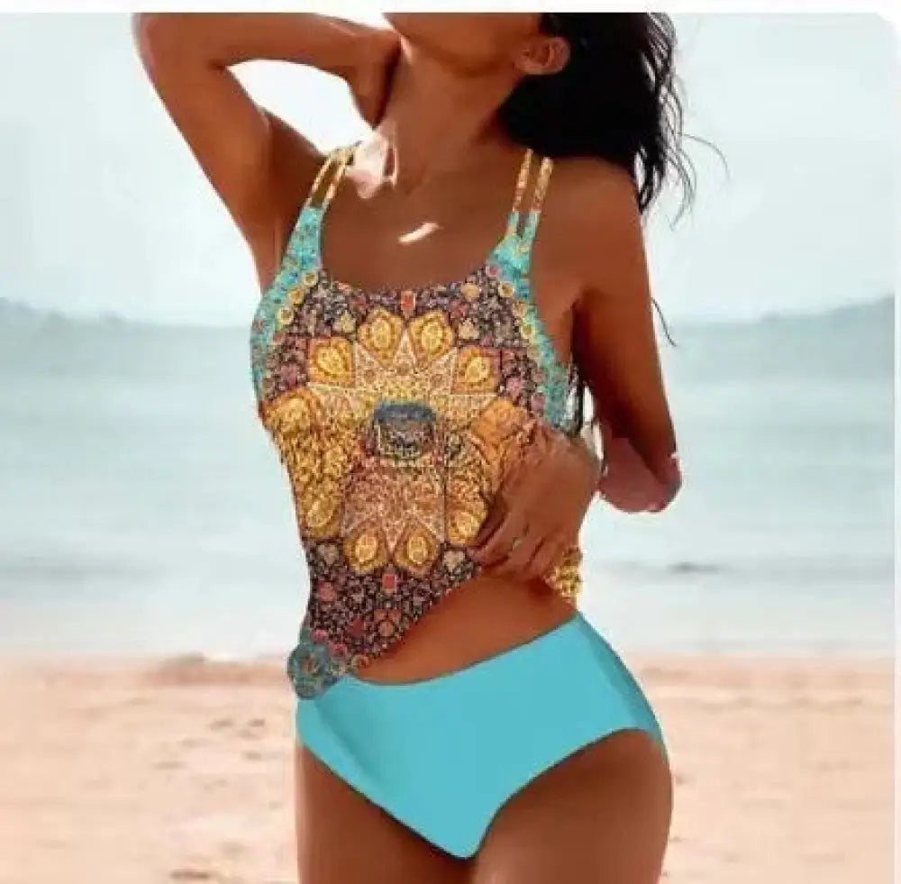 Retro Split High Waist Bikini Beach Print Strap Swimsuit - Picture color 3 / 3XL - Summer Clothing 2026