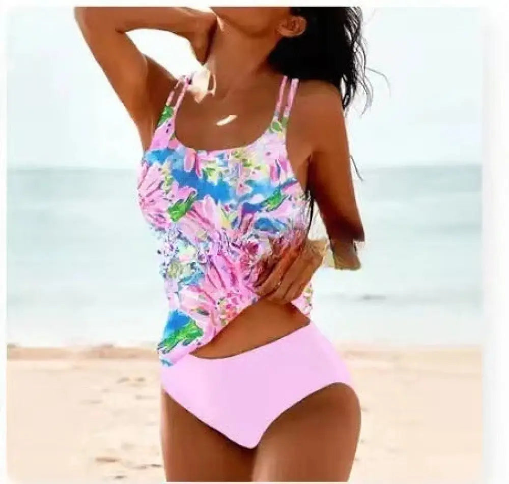 Retro Split High Waist Bikini Beach Print Strap Swimsuit - Pink / 3XL - Summer Clothing 2026
