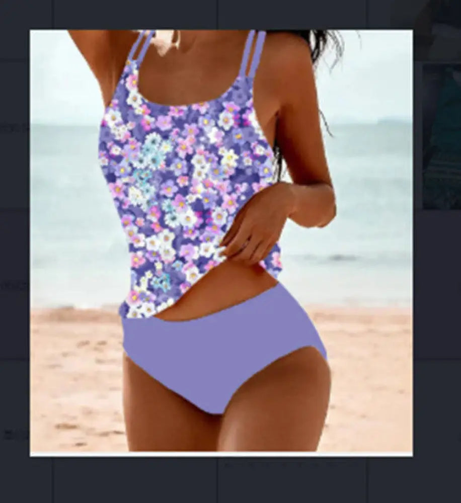 Retro Split High Waist Bikini Beach Print Strap Swimsuit - Purple flowers / 3XL - Summer Clothing 2026