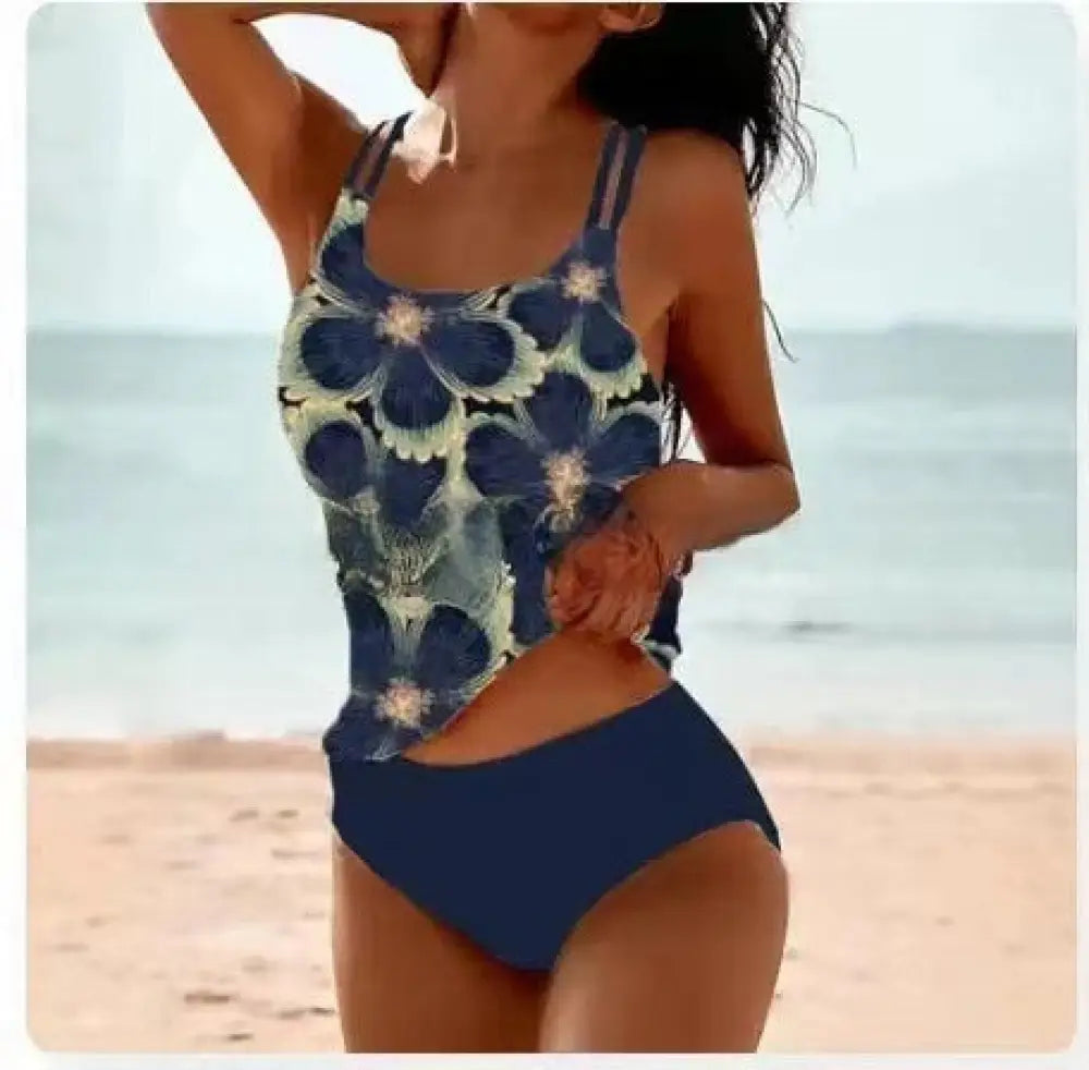 Retro Split High Waist Bikini Beach Print Strap Swimsuit - Sea Blue / 3XL - Summer Clothing 2026