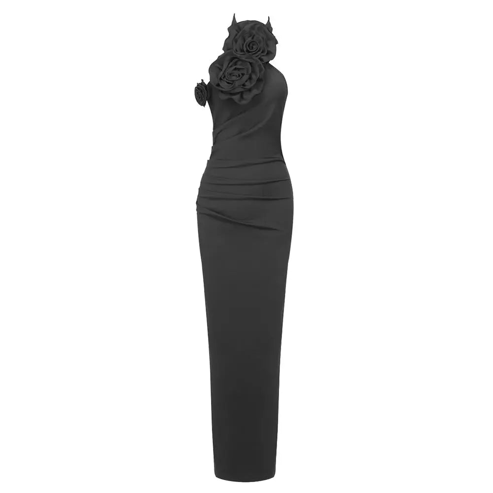Ribbon Flower Halter Maxi Dress - Black / L - Women¡¯s Dresses