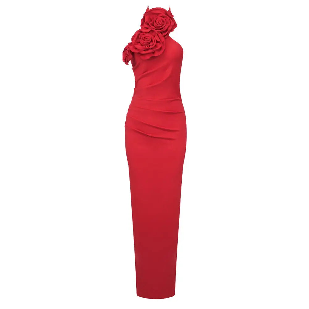 Ribbon Flower Halter Maxi Dress - Red / L - Women¡¯s Dresses