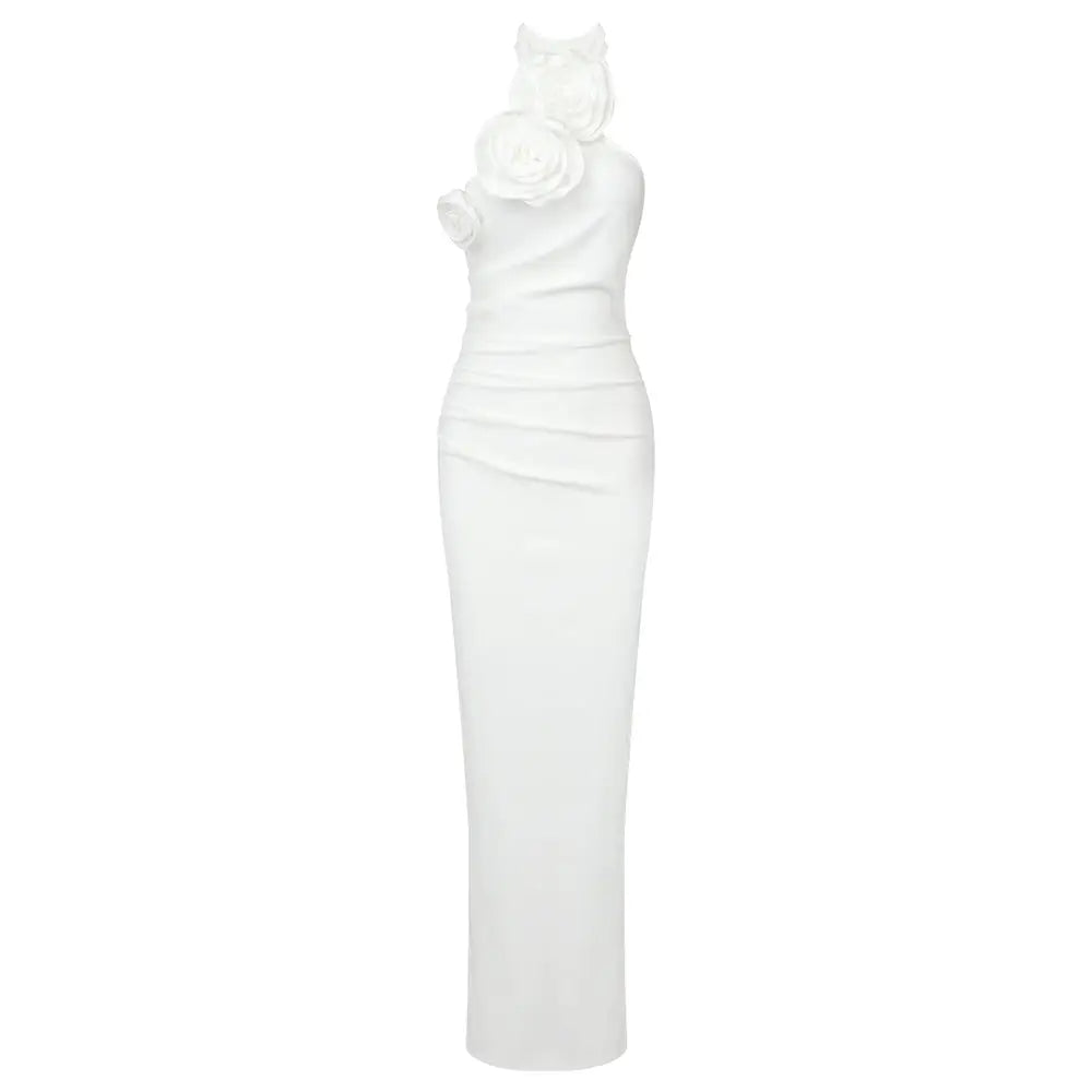 Ribbon Flower Halter Maxi Dress - White / L - Women¡¯s Dresses