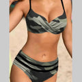 Sexy Bikini Solid Color Split Female Lace-up High Waist Swimsuit - Army Green / 2XL - Summer Clothing 2026