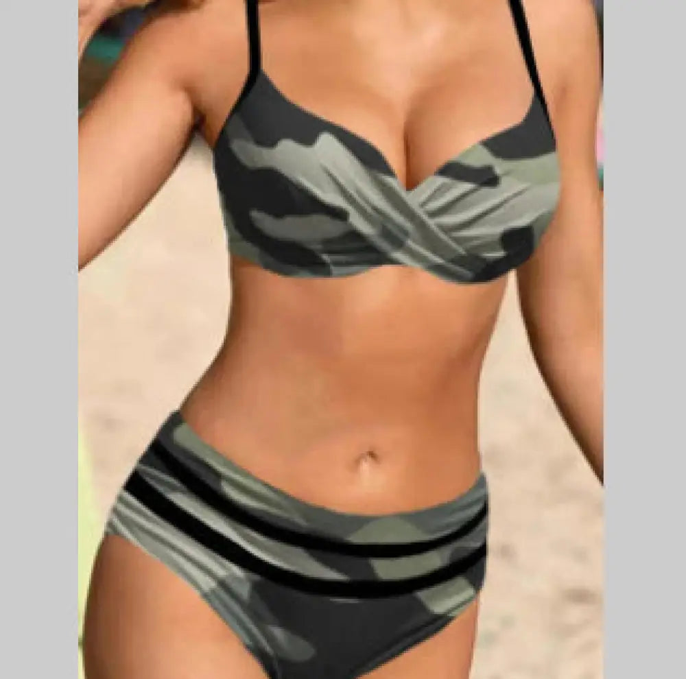 Sexy Bikini Solid Color Split Female Lace-up High Waist Swimsuit - Army Green / 2XL - Summer Clothing 2026
