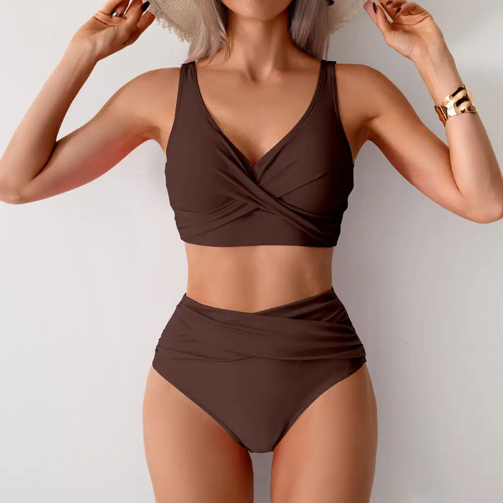Sexy Split Swimsuit High Waist Swimsuit Outfit Bikini - Brown / 2XL - Summer Clothing 2026