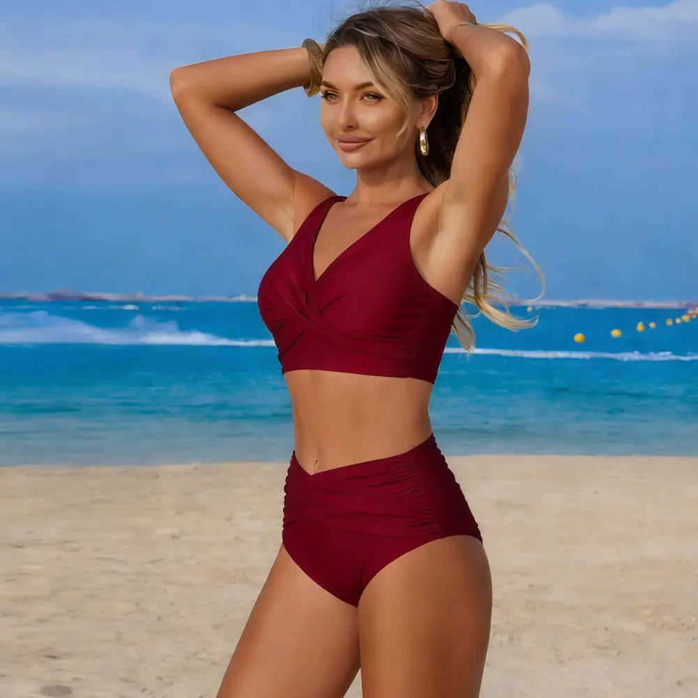 Sexy Split Swimsuit High Waist Swimsuit Outfit Bikini - Burgundy / 2XL - Summer Clothing 2026
