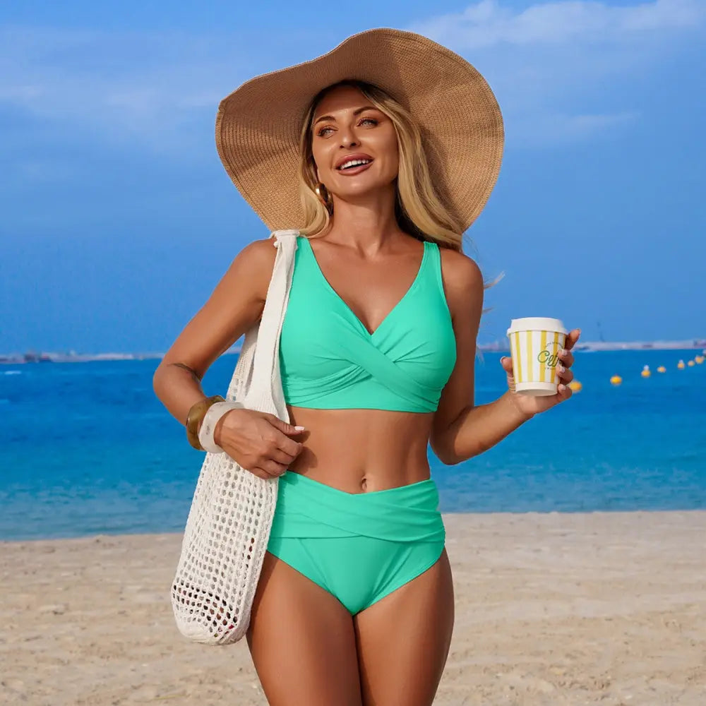 Sexy Split Swimsuit High Waist Swimsuit Outfit Bikini - Mint green / 2XL - Summer Clothing 2026