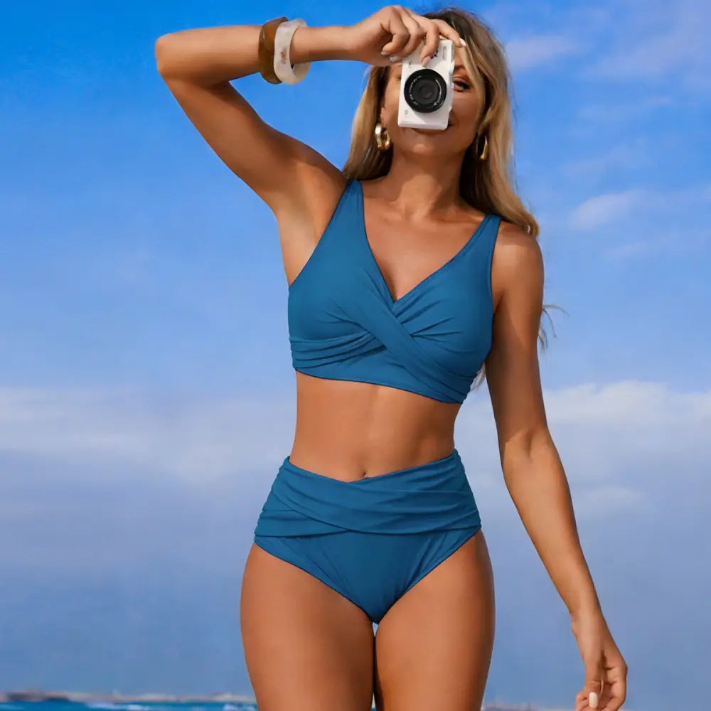 Sexy Split Swimsuit High Waist Swimsuit Outfit Bikini - Peacock blue / 2XL - Summer Clothing 2026