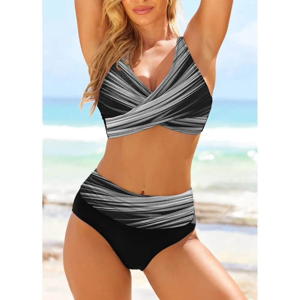 Striped Tie Dye Cutout Sexy High Waist Bikini Swimsuit - Grey / 2XL - Summer Clothing 2026