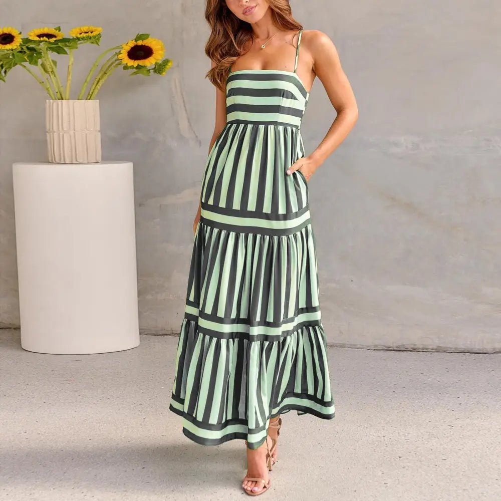Summer Striped Printed Suspender Long Dress With Pockets Fashion Square Neck Backless Dresses For Beach Vacation Women