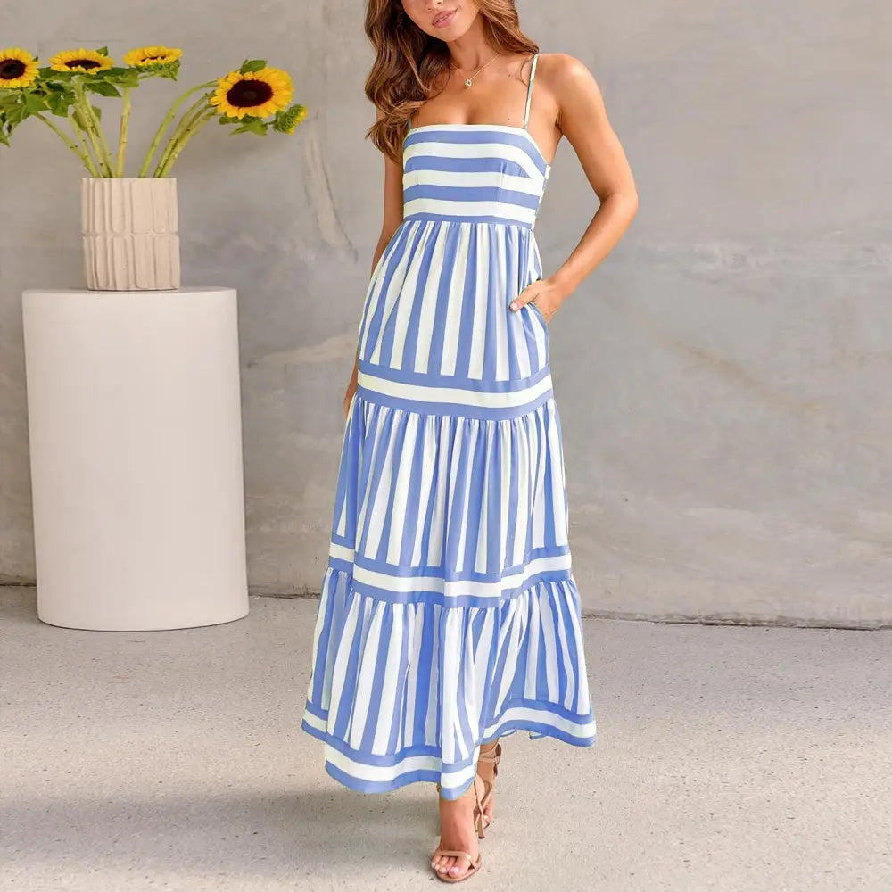 Summer Striped Printed Suspender Long Dress With Pockets Fashion Square Neck Backless Dresses For Beach Vacation Women