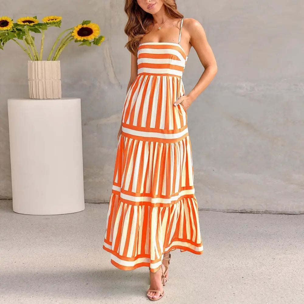 Summer Striped Printed Suspender Long Dress With Pockets Fashion Square Neck Backless Dresses For Beach Vacation Women