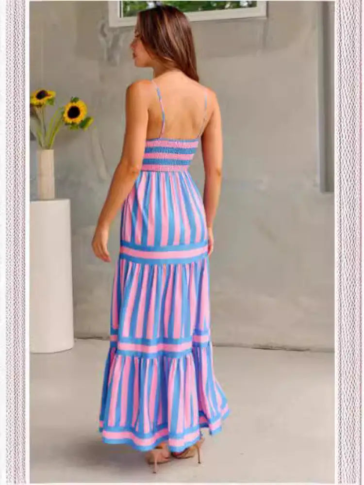Summer Striped Printed Suspender Long Dress With Pockets Fashion Square Neck Backless Dresses For Beach Vacation Women