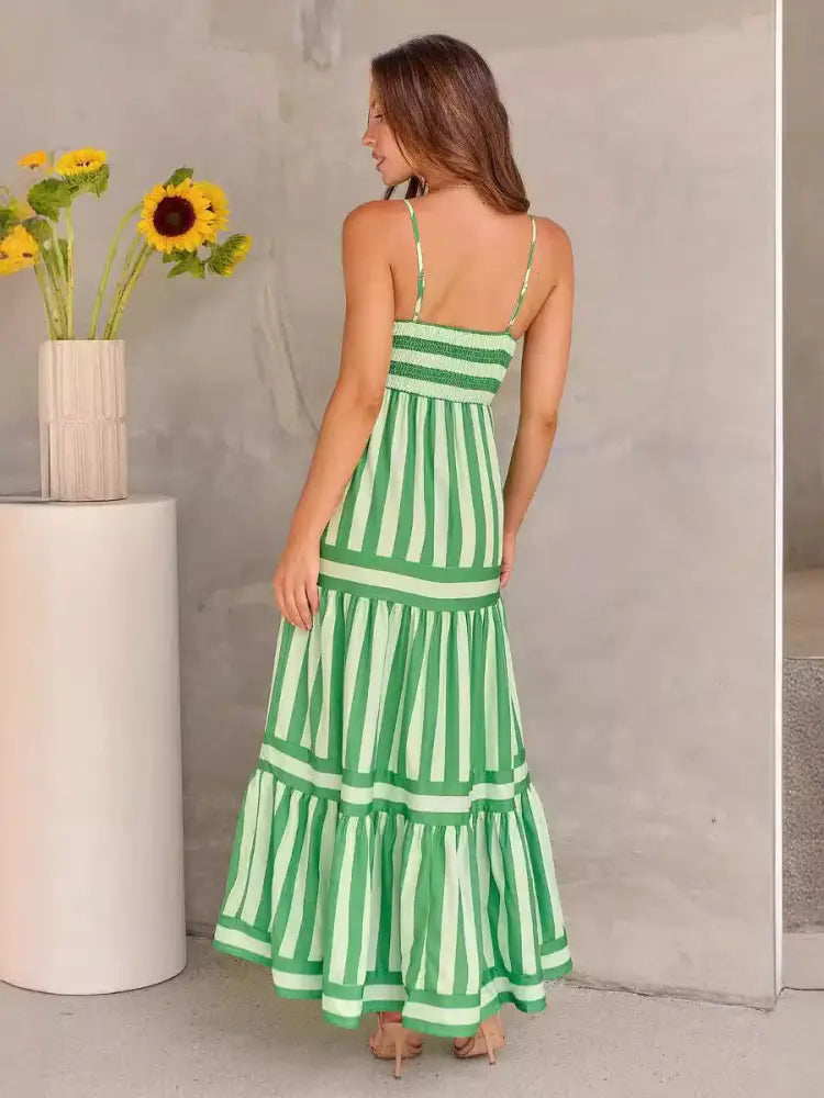 Summer Striped Printed Suspender Long Dress With Pockets Fashion Square Neck Backless Dresses For Beach Vacation Women