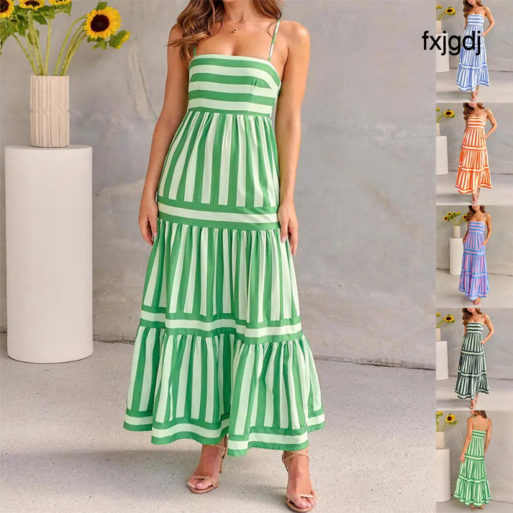 Summer Striped Printed Suspender Long Dress With Pockets Fashion Square Neck Backless Dresses For Beach Vacation Women