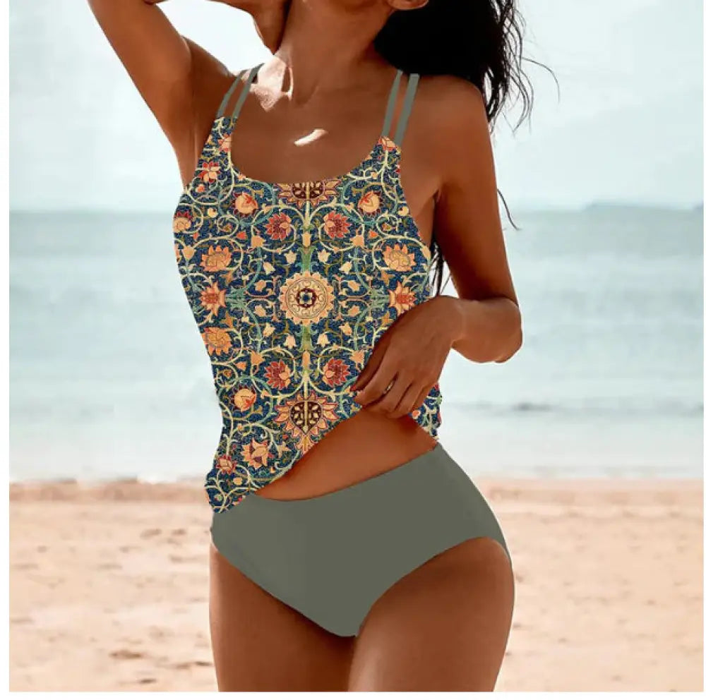Vintage Printed Split High Waist Conservative Swimwear - Grey green / L - Summer Clothing 2026