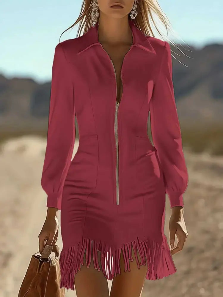 Women’s Suede Fringed Slim-Fit Dress - Wine Red / 2XL - Women¡¯s Dresses